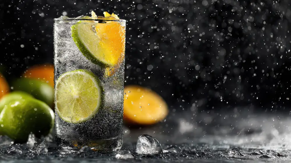 Refreshing sparkling drink with citrus slices ice dark background