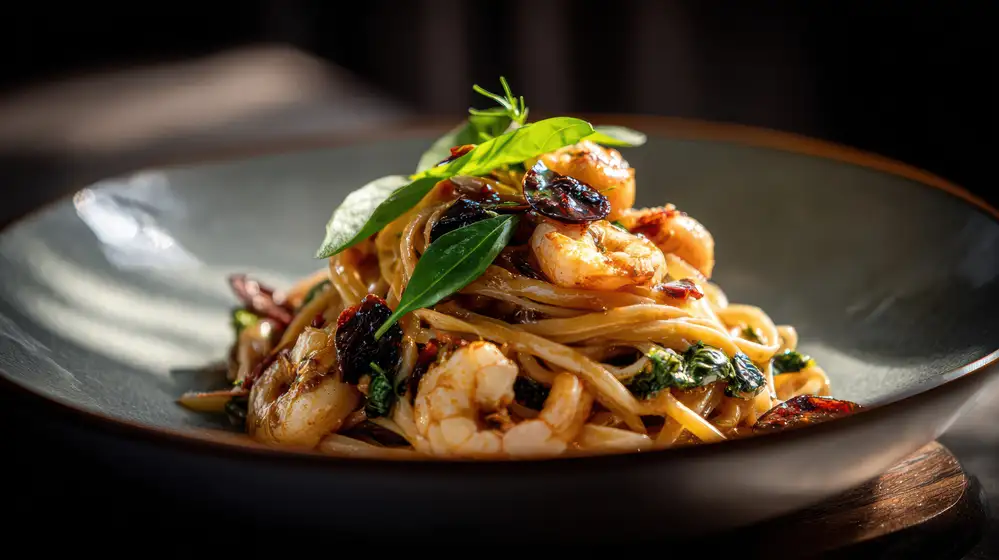 Shrimp linguine pasta with basil sun dried tomatoes