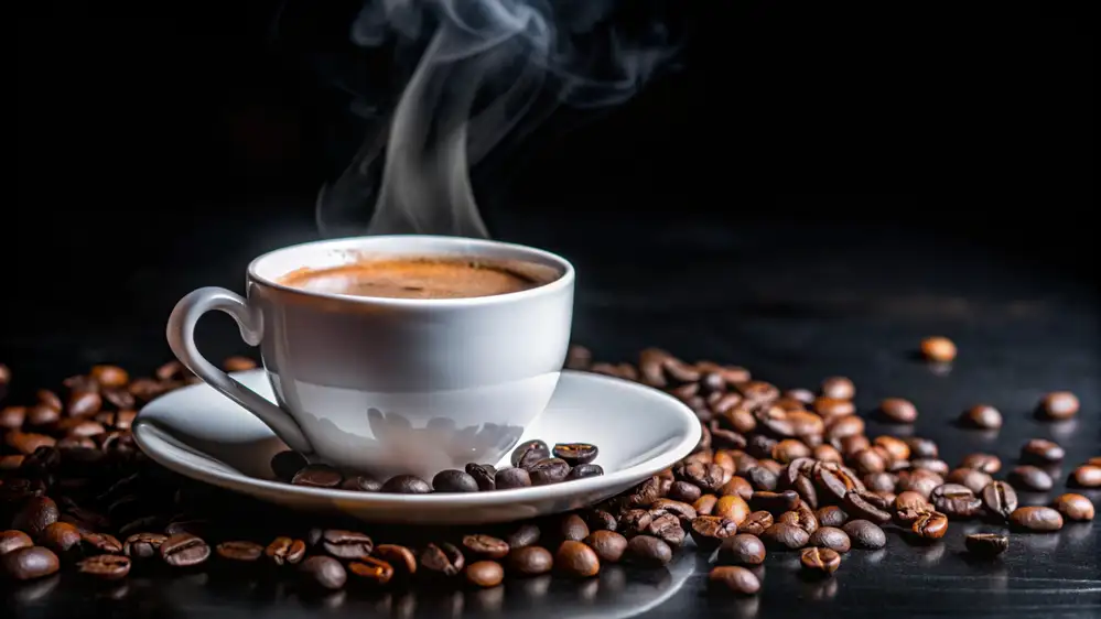 Steaming cup coffee saucer with coffee beans scattered around