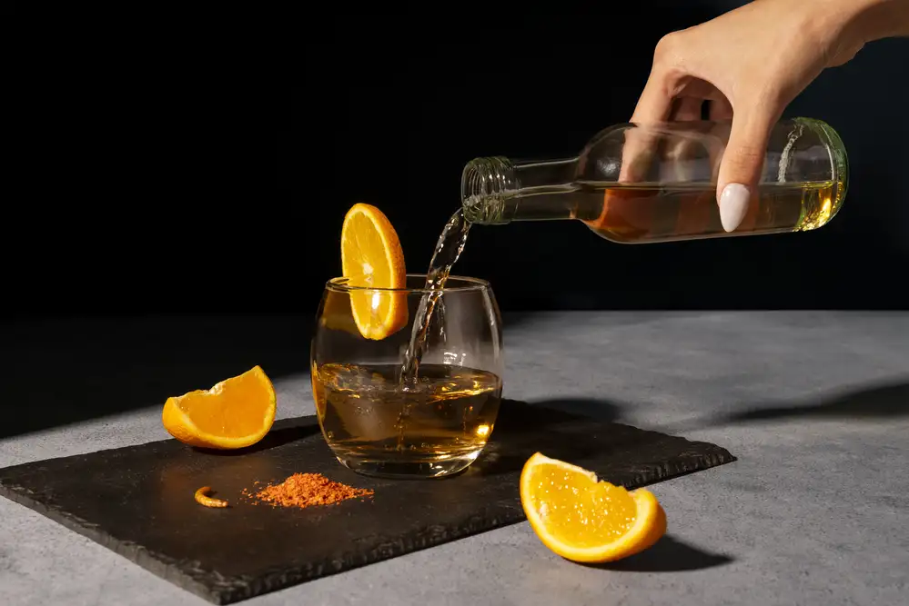 Still life mezcal drink with maguey worm